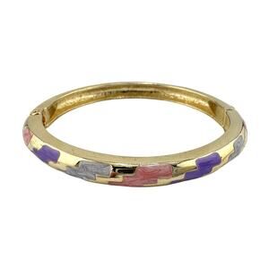 Pink Purple Gray Shimmer Enamel Gold Tone Clamper Bangle 7” Fashion Bracelet